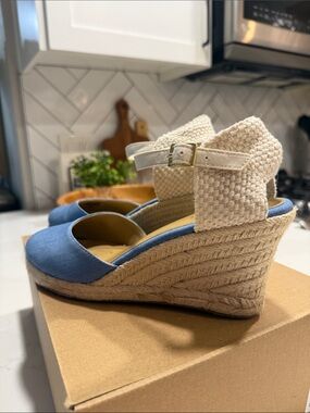 J. Crew Blue and Cream Wedge Espadrilles